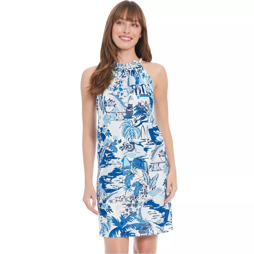 London Times Blue/White Tropical Seaside Scape Print Linen Blend Mini Dress  NEW